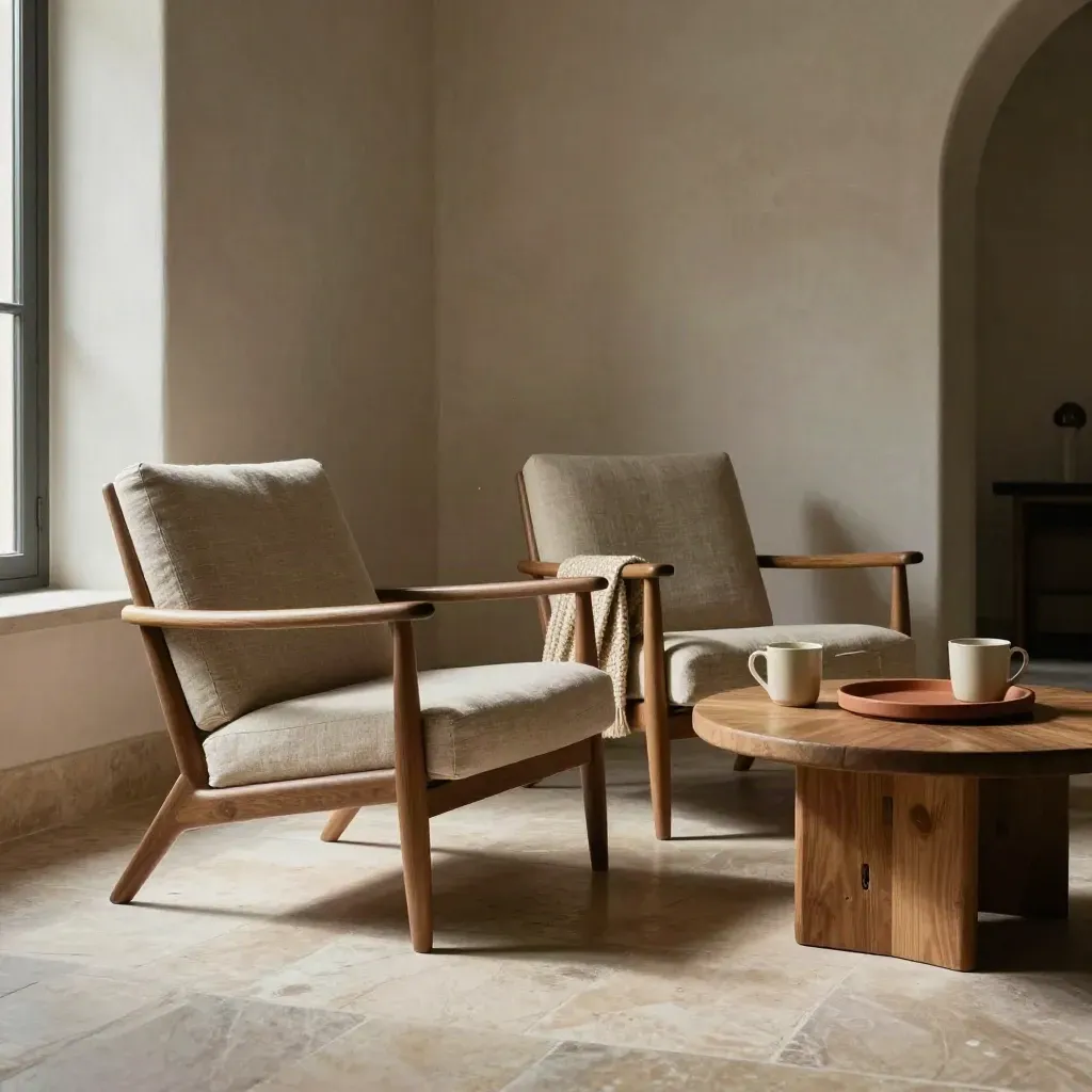 Nook del soggiorno con due poltrone, tavolino in legno, tazze e luce del pomeriggio.
