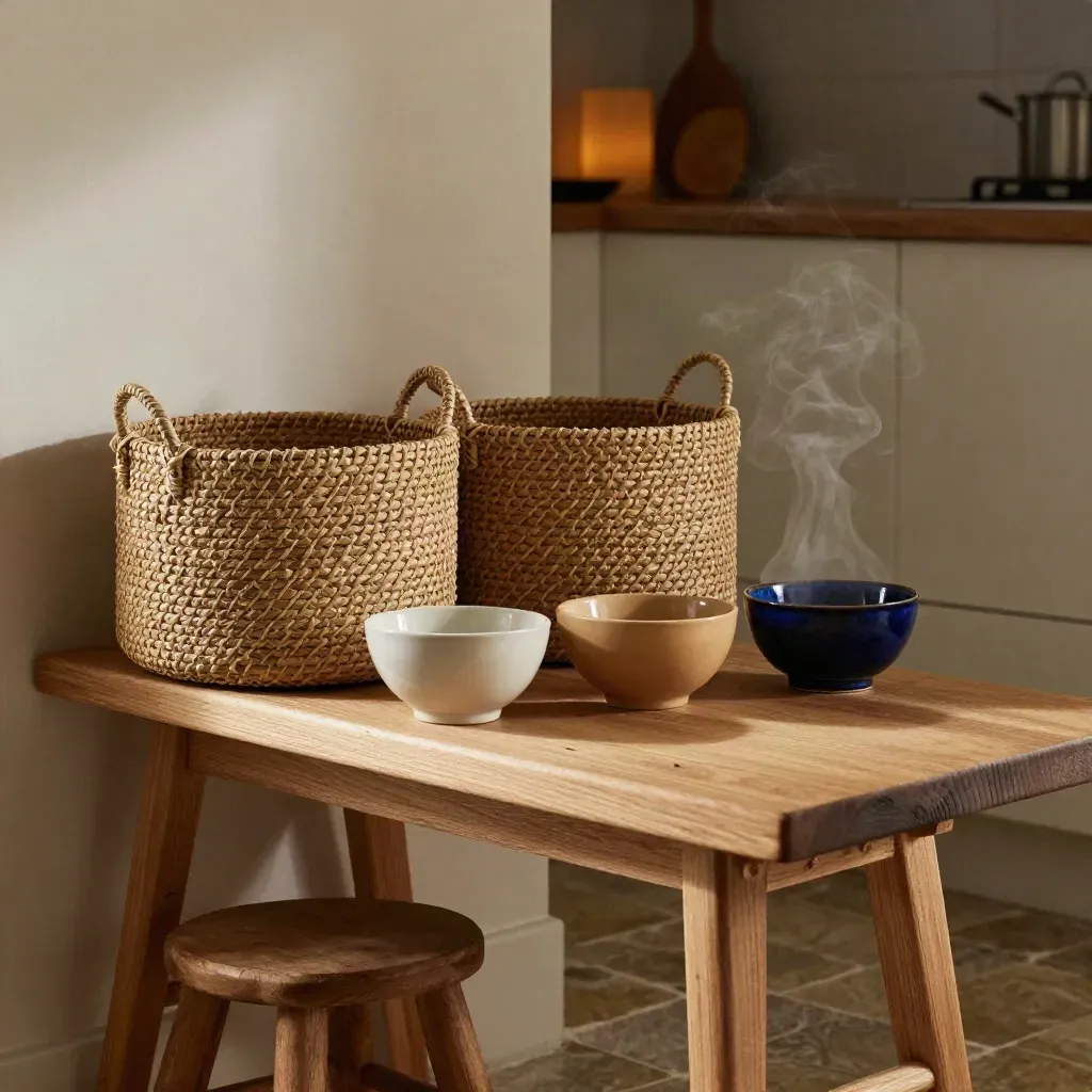 Bench cucina con ceste intrecciate, sgabello bimbo e tre ciotole in una zona domestica ordinata.