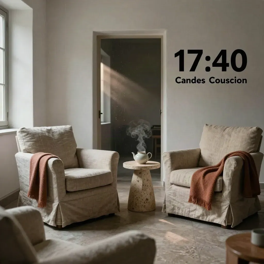 Lounge per consulenza di coppia con poltrone in lino, tavolino in travertino e luce di pioggia.