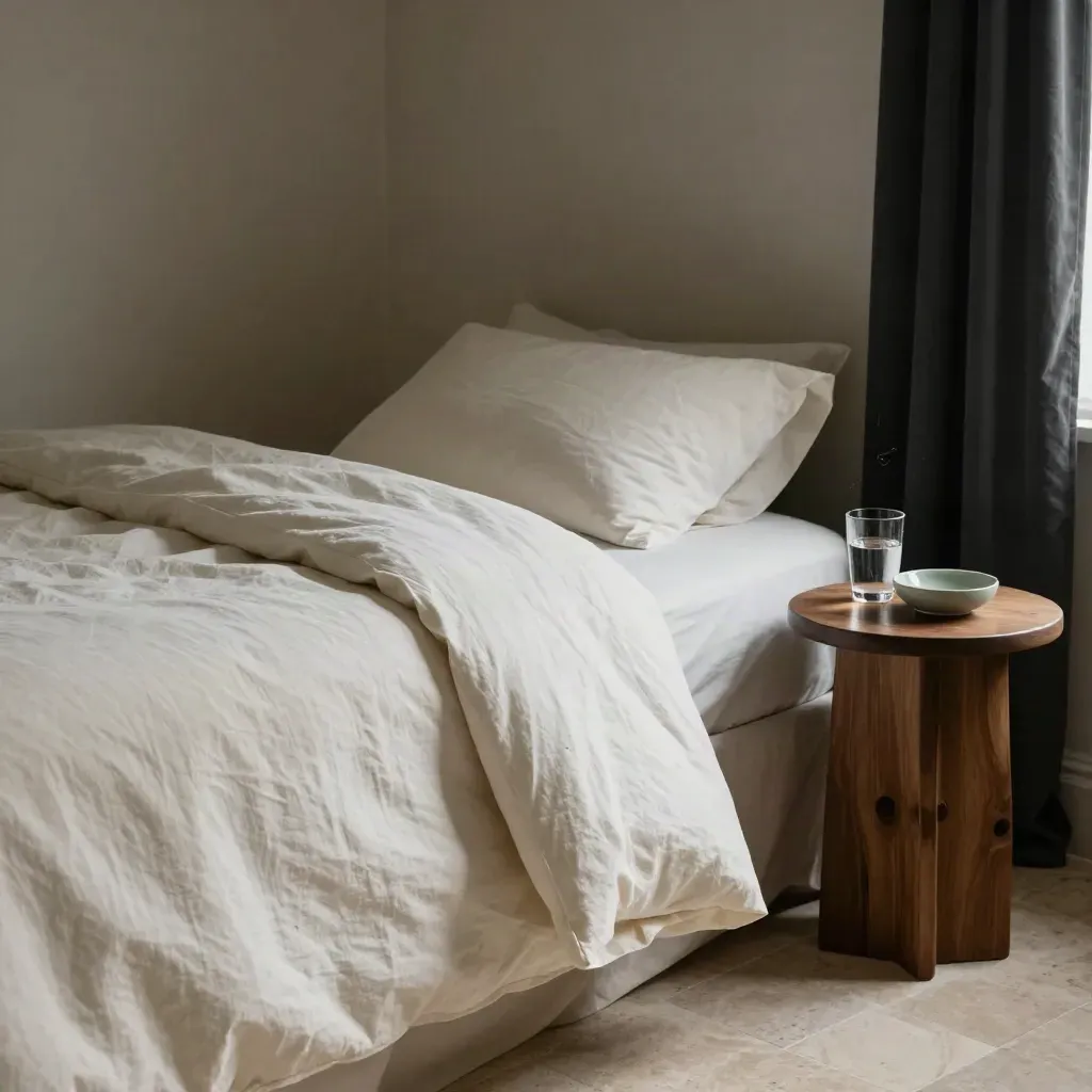 Letto rifatto, tende socchiuse, bicchiere d’acqua e ciotola in ceramica sul comodino.
