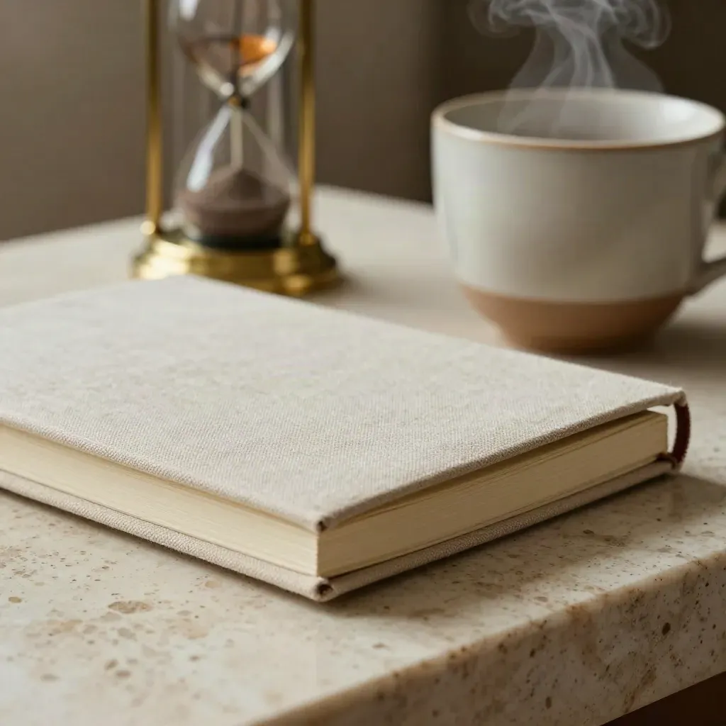 Quaderno in lino, clessidra in ottone e tazza in ceramica su travertino.