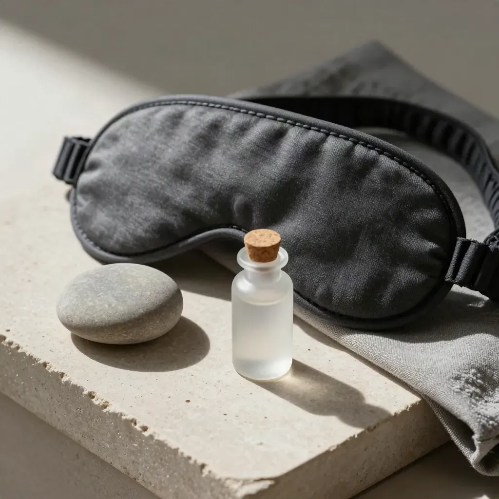 Kit terapeutico con pebble, mascherina e fiala su pietra chiara.
