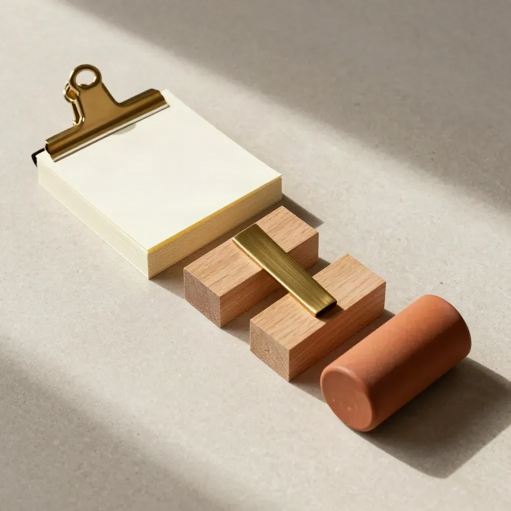 Flat lay con cartoncini, blocchi di legno, fermaglio in ottone e peso su intonaco chiaro.