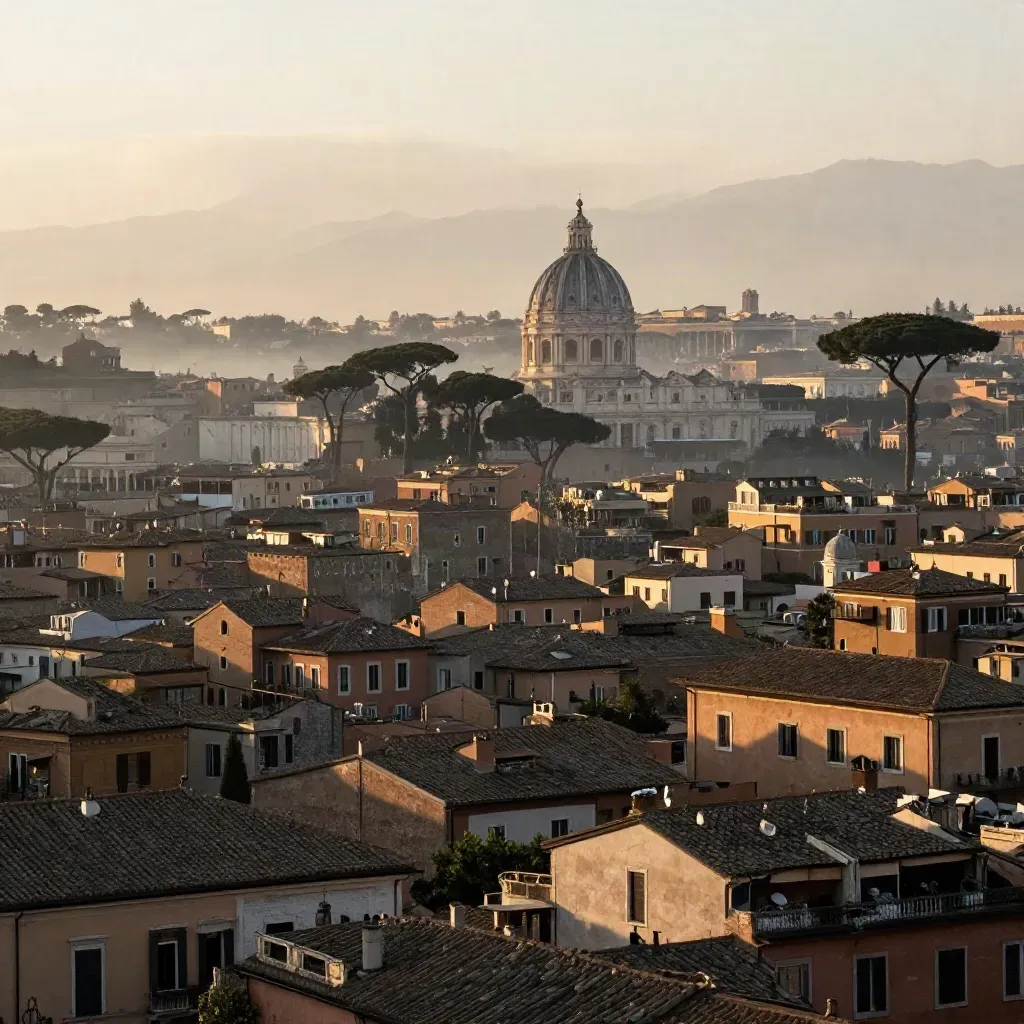 Vista ampia di Roma all’alba con cupola, pini marittimi e tetti in terracotta nella foschia.