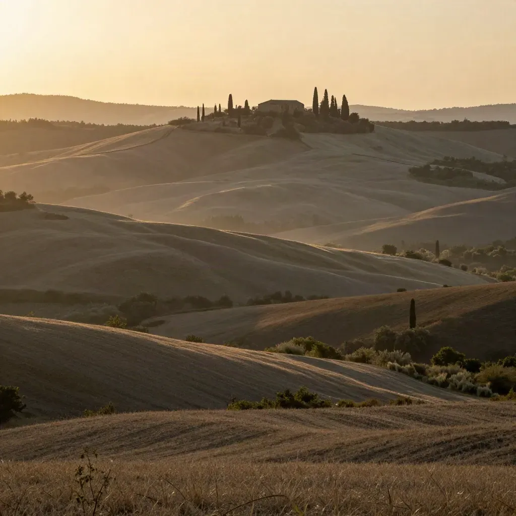 Colline toscane al tramonto con cipressi e casale lontano nella foschia.