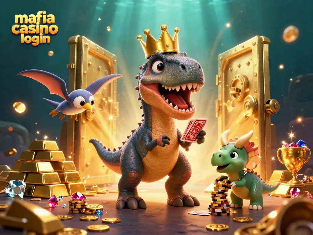 Play exciting games with Mafia Casino login featuring animated dinosaur characters, jewels, and casino elements.