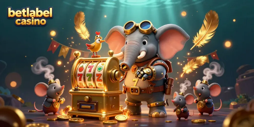 Join the action at betlabel casino with this vibrant scene of a steampunk elephant operating a slot machine.